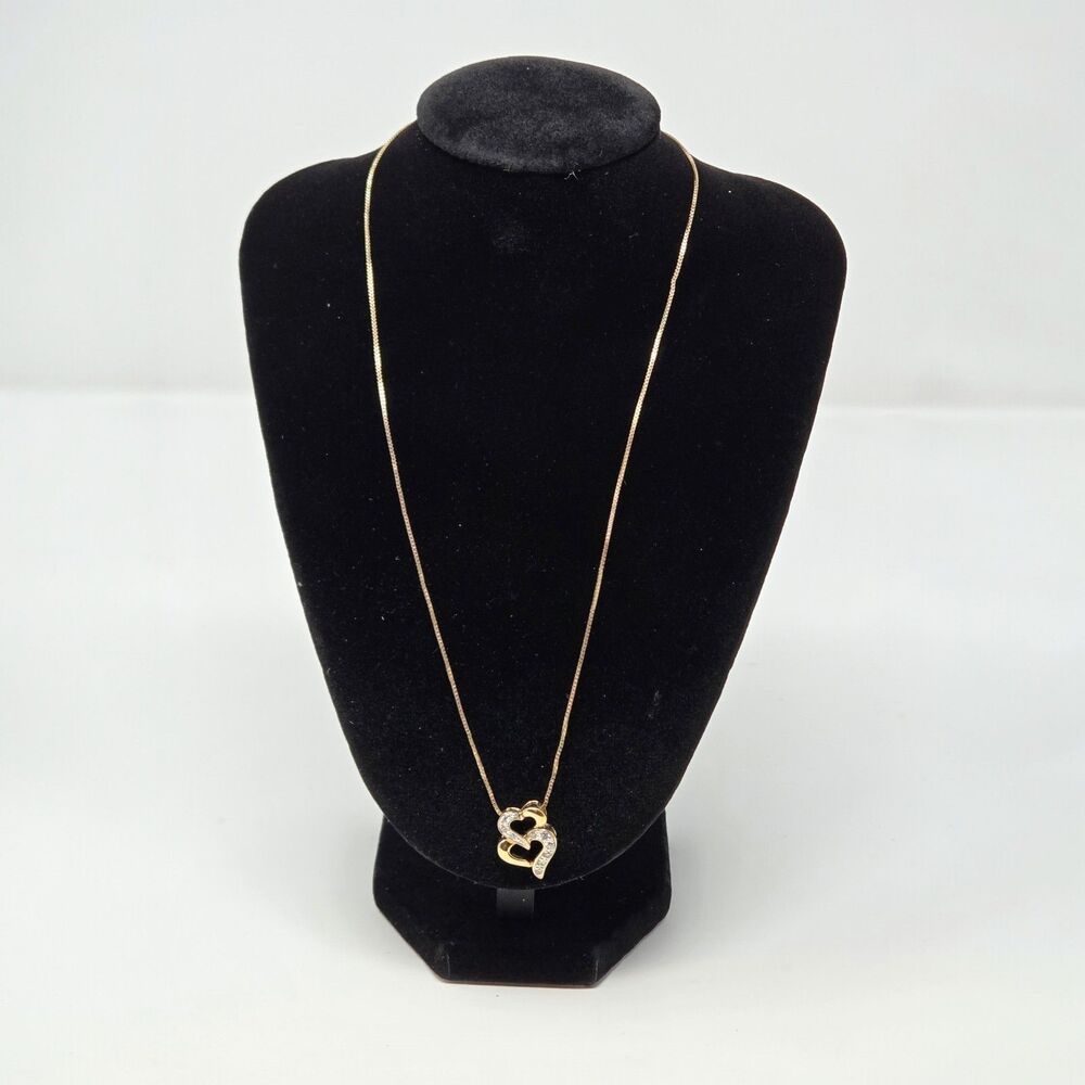 925 Sterling Silver Gold Plated Double Heart Necklace CZ Pendant Love‎ Jewelry